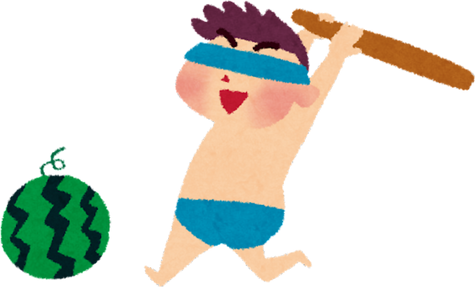 Illustration of a Boy Playing Suikawari on the Beach